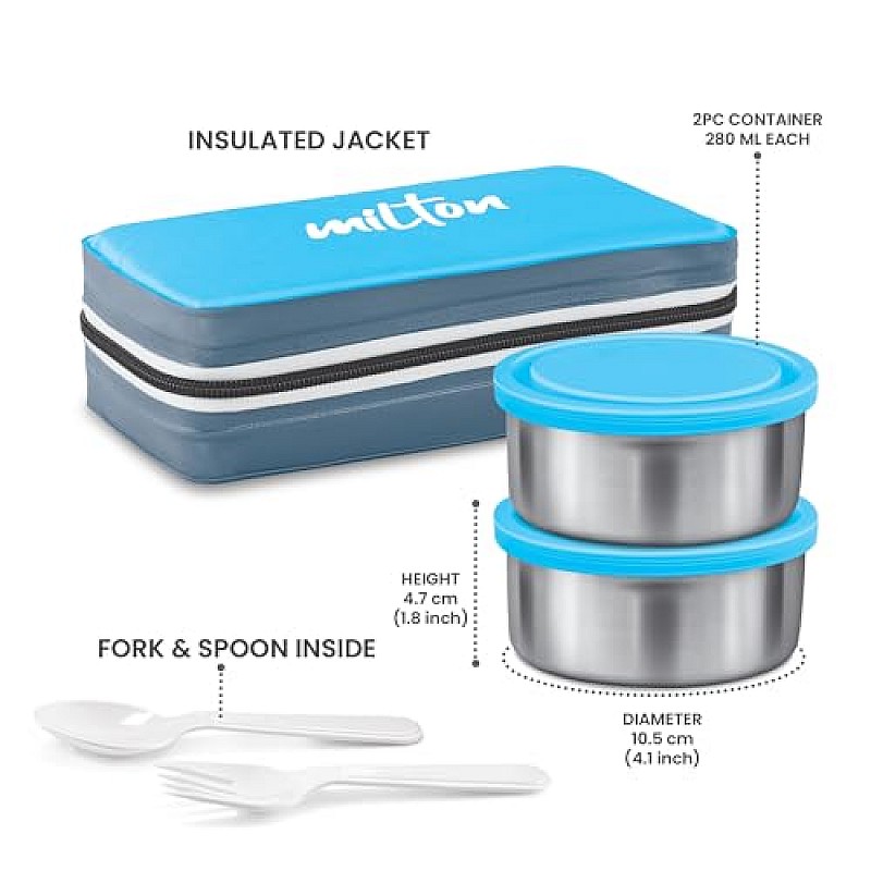 MILTON New Mini Lunch Insulated Tiffin, Set of 2, (280 ml Each), with Jacket, Cyan Light Weight Leak Proof