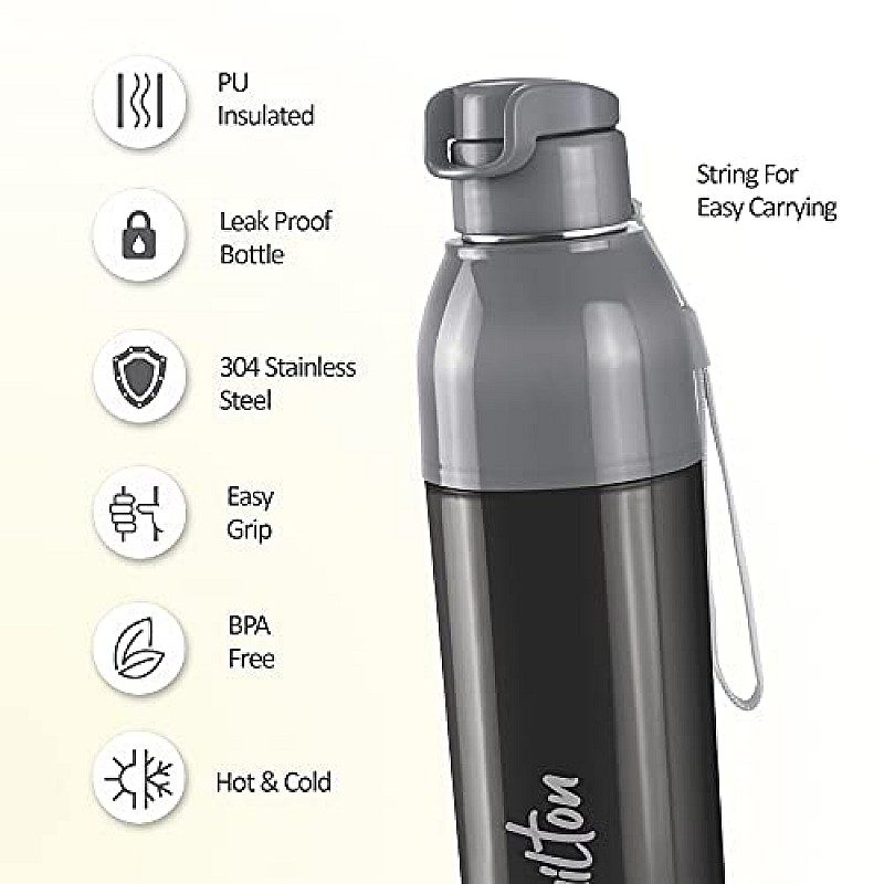 Milton Steel Convey 900 Insulated Inner Stainless Steel Water Bottle, 630 ml, Black