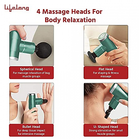 Lifelong Wireless LLGM36 Powerful Gun Massager with 4 Heads Deep Tissue Percussion Muscle Massager Black