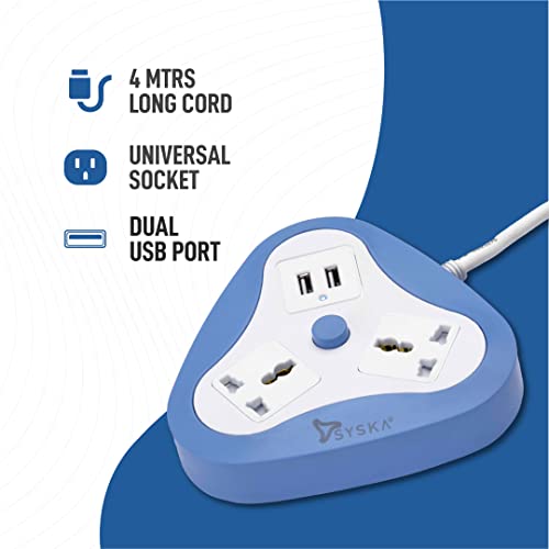SYSKA EBU-2001 2 Way Power Strip with 2 USB 1.5 Meter Long (White, Blue) SYSKA EBU-2001 2 Way Power Strip with 2 USB 1.5 Meter Long (White, Blue)