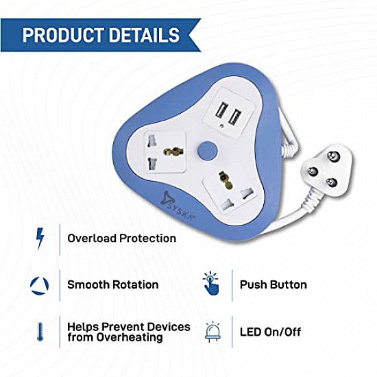 SYSKA EBU-2001 2 Way Power Strip with 2 USB 1.5 Meter Long (White, Blue) 