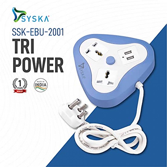 SYSKA EBU-2001 2 Way Power Strip with 2 USB 1.5 Meter Long (White, Blue) 