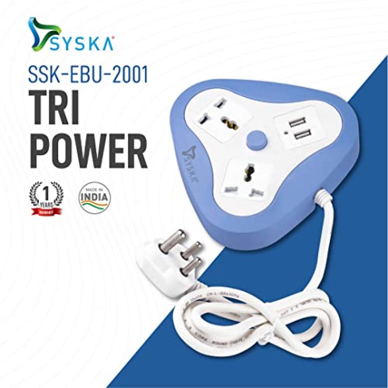 SYSKA EBU-2001 2 Way Power Strip with 2 USB 1.5 Meter Long (White, Blue) 