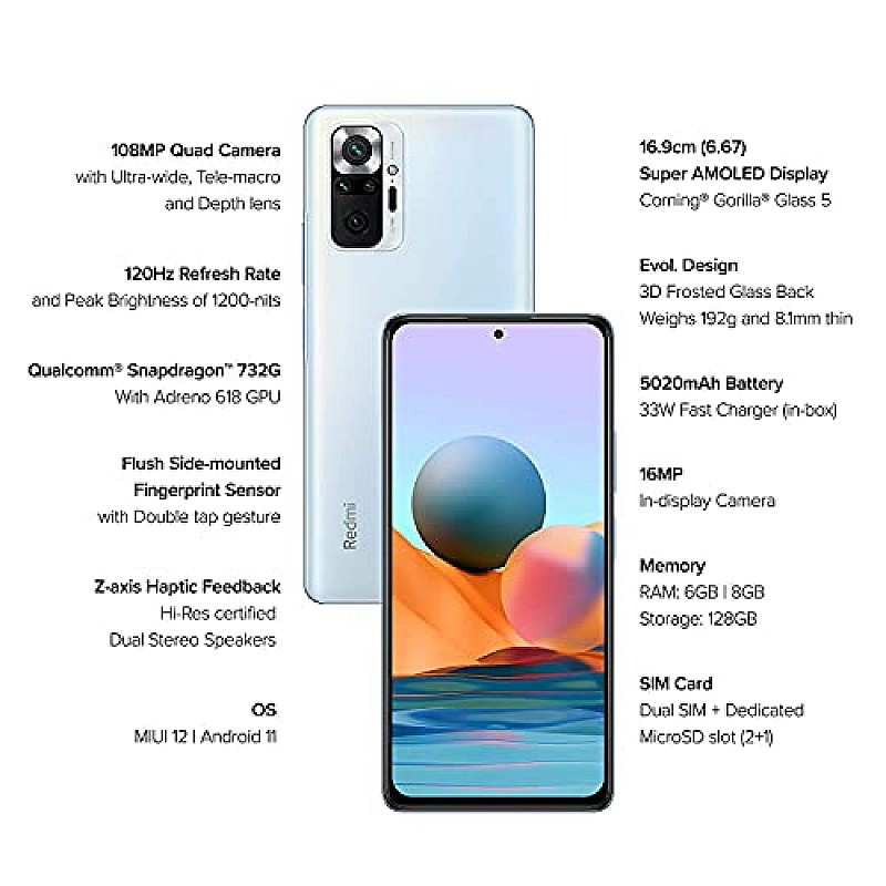 Redmi Note 10 Pro Max (Glacial Blue, 8GB RAM, 128GB Storage) -108MP Quad Camera | 120Hz Super Amoled Display Refurbished