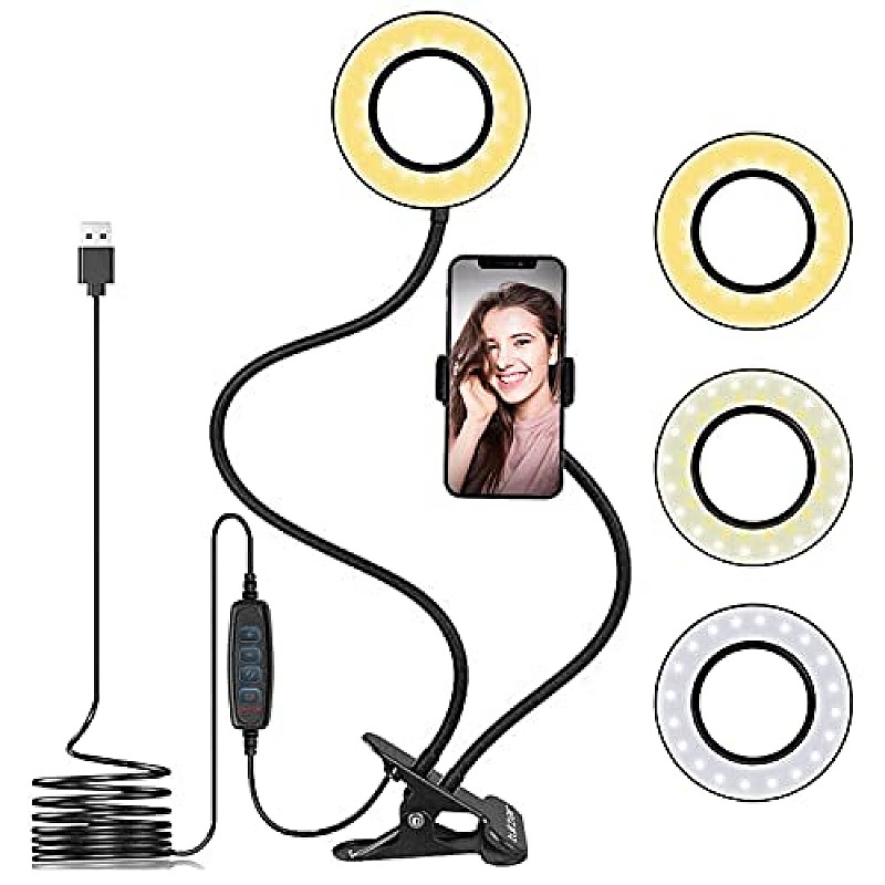 Tukzer 3.5" LED Selfie Ring Light with Phone Holder |Flexible Arm Desk Mount Clamp for Live Stream, Makeup, Online Meetings, 