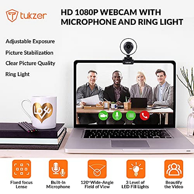 Tukzer HD 1080P Webcam with Microphone and Ring Light, Plug and Play Web Camera (TZ-WC1)