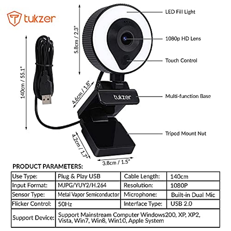 Tukzer HD 1080P Webcam with Microphone and Ring Light, Plug and Play Web Camera (TZ-WC1)