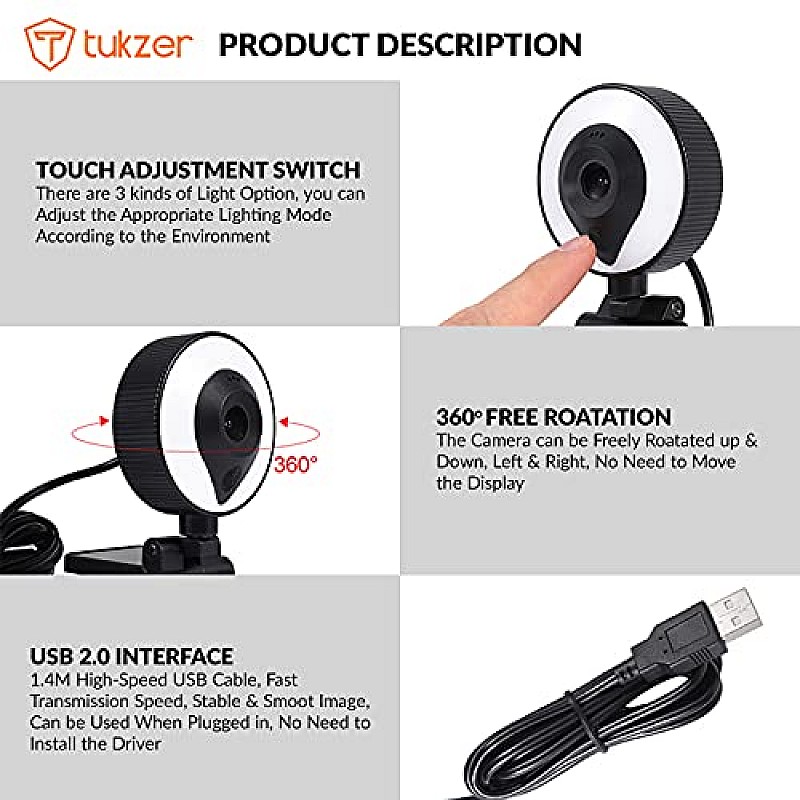 Tukzer HD 1080P Webcam with Microphone and Ring Light, Plug and Play Web Camera (TZ-WC1)