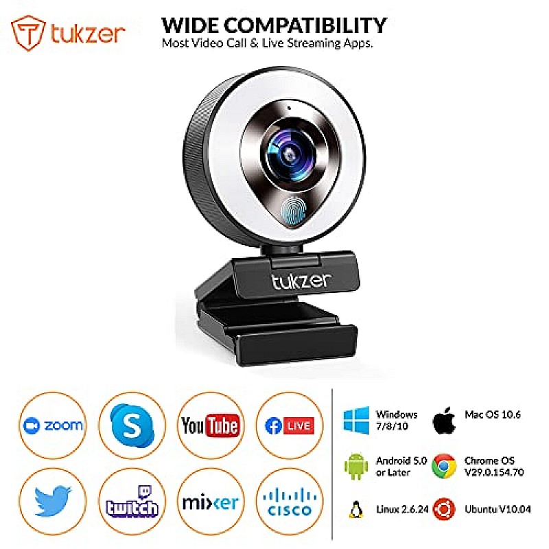 Tukzer HD 1080P Webcam with Microphone and Ring Light, Plug and Play Web Camera (TZ-WC1)