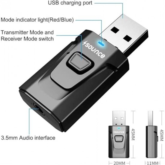 Sounce Bluetooth Car Adapter, Mini Bluetooth 5.0 Transmitter Receiver Wireless 3.5mm Aux Jack Adapter Hands-Free 