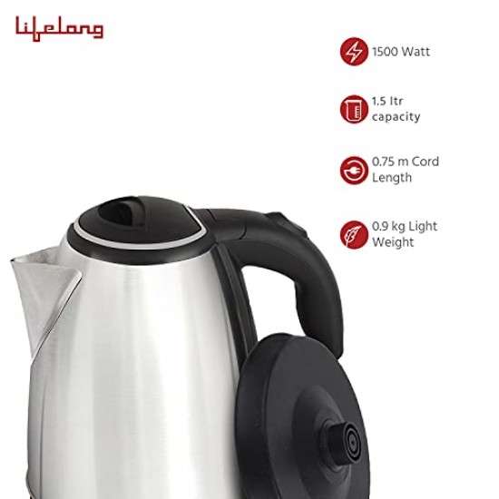 Lifelong LLEK15 Electric Kettle 1.5L with Stainless Steel Body, Easy and Fast Boiling of Water for Instant Noodle (black)