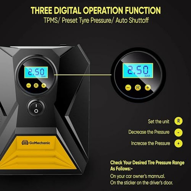 GoMechanic Gusto T10 Digital Tyre Inflator for Car 150 psi, 12V DC Portable Air Pump Compressor Suitable for Bikes