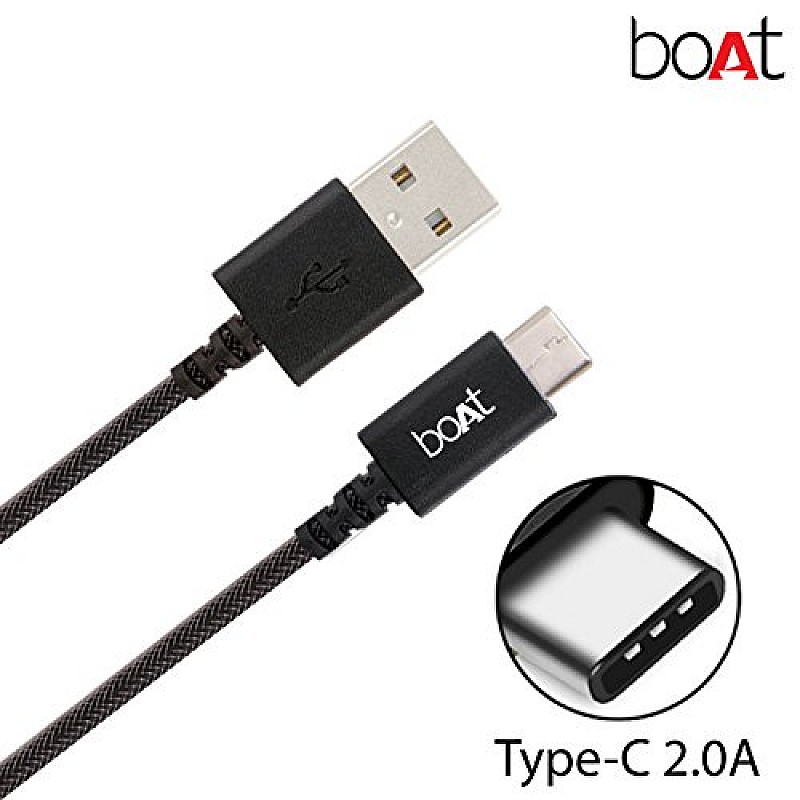 boAt Type-C A400 Type-C to USB A 2 Mtrs Cable 3A Fast Charging And 480mbps Data Transmission (Black)