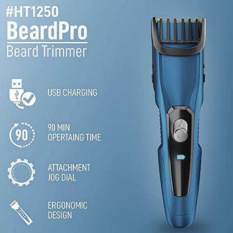 SYSKA HT1250 BeardPro Corded & Cordless Men's Trimmer with Self Sharpening Titanium Coated Blades, 20 Length Settings  90 Min Runtime Blue