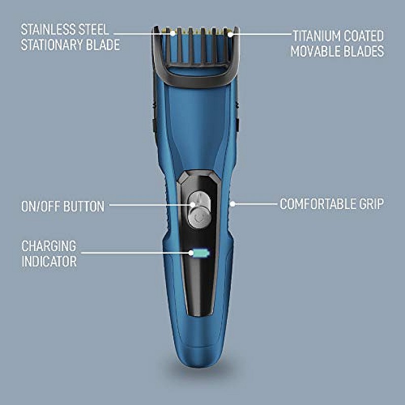 SYSKA HT1250 BeardPro Corded & Cordless Men's Trimmer with Self Sharpening Titanium Coated Blades, 20 Length Settings  90 Min Runtime Blue