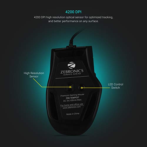 Zebronics Zeb-Tempest Plus 8-Button Wired Gaming Mouse with Rapid Fire Key, 6400 DPI Sensor, Rubber Finish, RGB Lights Zebronics Zeb-Tempest Plus 8-Button Wired Gaming Mouse with Rapid Fire Key, 6400 DPI Sensor, Rubber Finish, RGB Lights