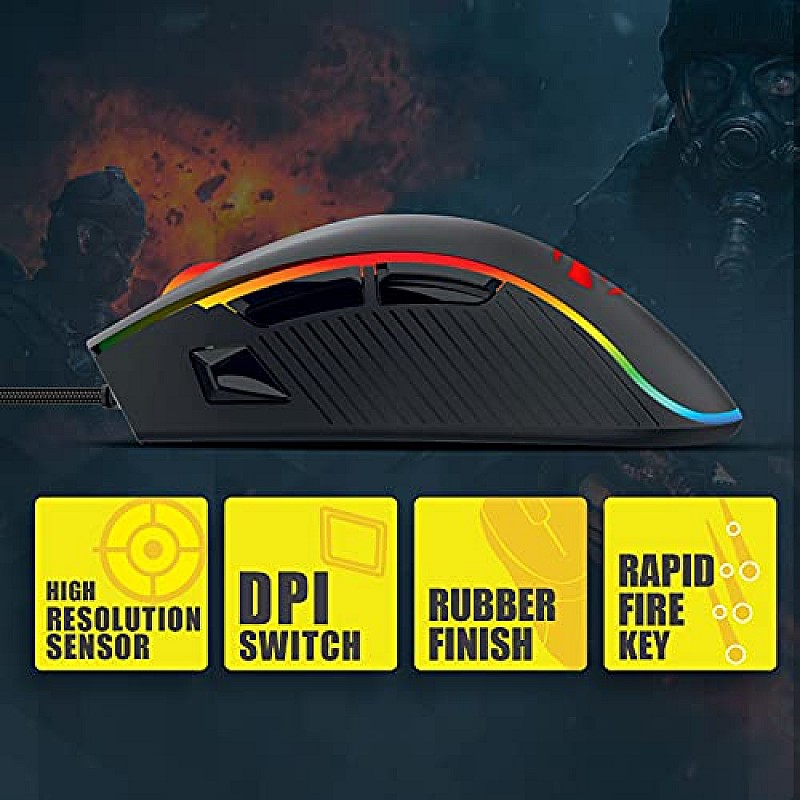 Zebronics Zeb-Tempest Plus 8-Button Wired Gaming Mouse with Rapid Fire Key, 6400 DPI Sensor, Rubber Finish, RGB Lights