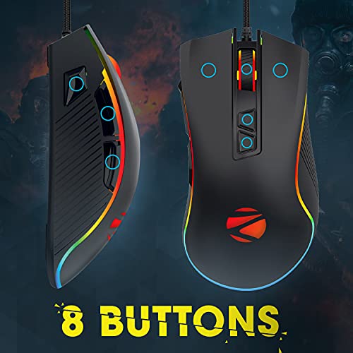 Zebronics Zeb-Tempest Plus 8-Button Wired Gaming Mouse with Rapid Fire Key, 6400 DPI Sensor, Rubber Finish, RGB Lights Zebronics Zeb-Tempest Plus 8-Button Wired Gaming Mouse with Rapid Fire Key, 6400 DPI Sensor, Rubber Finish, RGB Lights