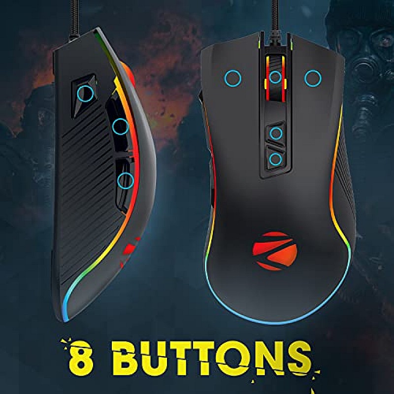 Zebronics Zeb-Tempest Plus 8-Button Wired Gaming Mouse with Rapid Fire Key, 6400 DPI Sensor, Rubber Finish, RGB Lights