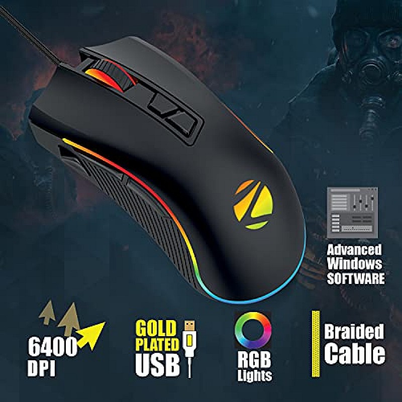 Zebronics Zeb-Tempest Plus 8-Button Wired Gaming Mouse with Rapid Fire Key, 6400 DPI Sensor, Rubber Finish, RGB Lights