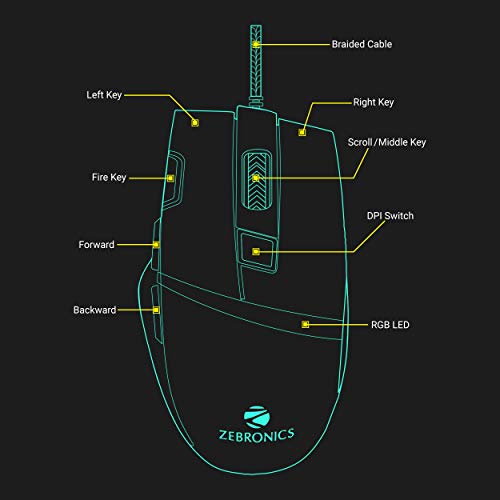 Zebronics Zeb-Tempest Plus 8-Button Wired Gaming Mouse with Rapid Fire Key, 6400 DPI Sensor, Rubber Finish, RGB Lights Zebronics Zeb-Tempest Plus 8-Button Wired Gaming Mouse with Rapid Fire Key, 6400 DPI Sensor, Rubber Finish, RGB Lights