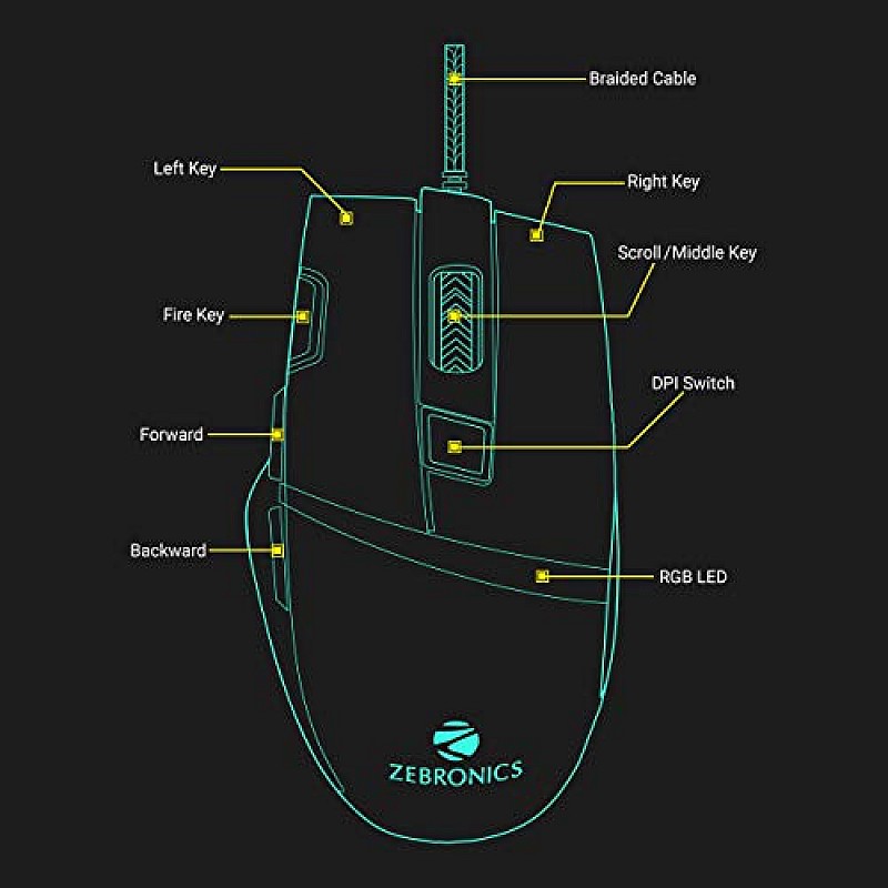 Zebronics Zeb-Tempest Plus 8-Button Wired Gaming Mouse with Rapid Fire Key, 6400 DPI Sensor, Rubber Finish, RGB Lights