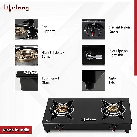 Lifelong 2 Burner Gas Stove Top for Kitchen (Black, LLGS912)