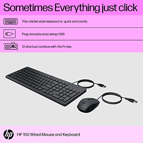 HP 150 Wired Keyboard and Mouse Combo with Instant USB Plug-and-Play Setup Black HP 150 Wired Keyboard and Mouse Combo with Instant USB Plug-and-Play Setup Black