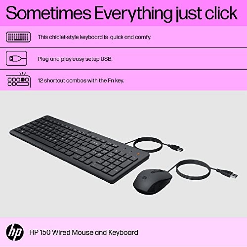 HP 150 Wired Keyboard and Mouse Combo with Instant USB Plug-and-Play Setup Black