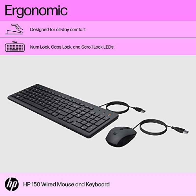 HP 150 Wired Keyboard and Mouse Combo with Instant USB Plug-and-Play Setup Black