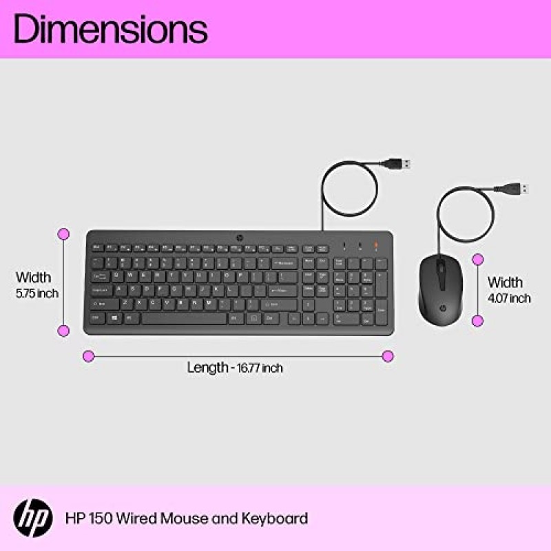 HP 150 Wired Keyboard and Mouse Combo with Instant USB Plug-and-Play Setup Black