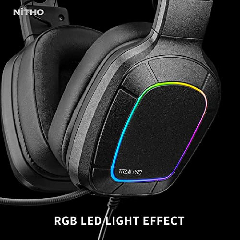 Nitho Titan PRO 7.1 Surround Gaming Headset with Cardioid Microphone Over-Ear Wired Gaming Headphones with RGB LED Black