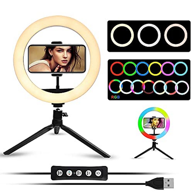 AIRTREE Portable MJ26 10'' RGB Desktop Soft LED Ring Light 16 RGB Colors with Mini Tripod Stand for Making You_Tube