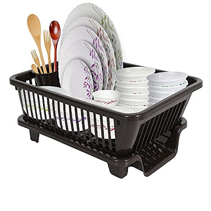 Cutting EDGE Polyethylene Durable Kitchen Sink Dish Rack Drainer Washing Basket with Tray (Dark Brown, Side Tray)(Small Size)