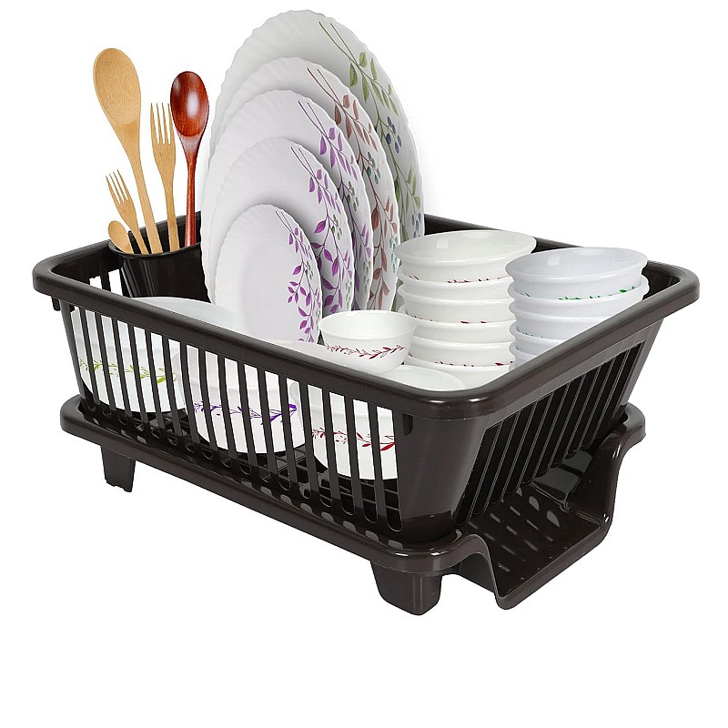 Cutting EDGE Polyethylene Durable Kitchen Sink Dish Rack Drainer Washing Basket with Tray (Dark Brown, Side Tray)(Small Size)