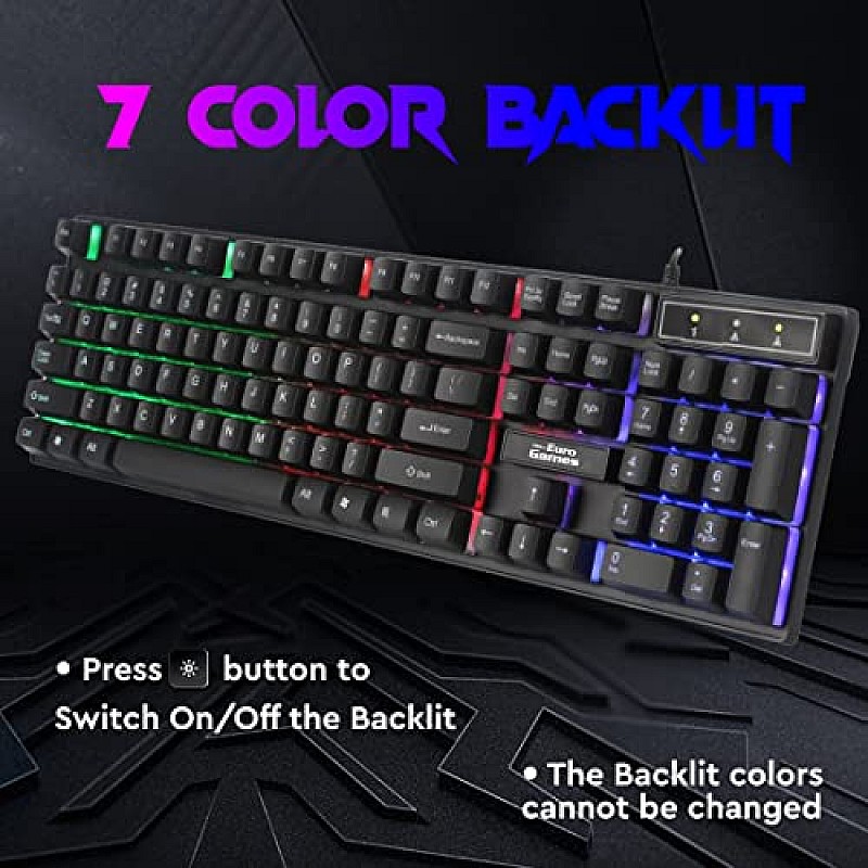 RPM Euro Games Gaming Keyboard Wired 7 Color LED Illuminated And Spill Proof Keys, Black, Medium