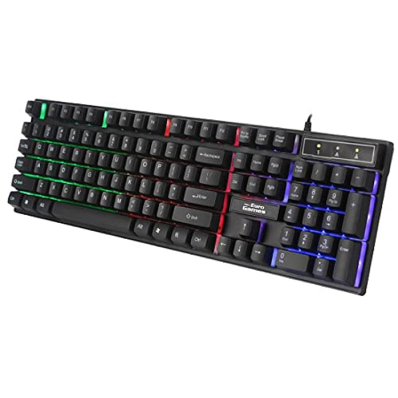 RPM Euro Games Gaming Keyboard Wired 7 Color LED Illuminated And Spill Proof Keys, Black, Medium