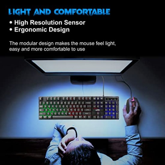 RPM Euro Games Gaming Keyboard Wired 7 Color LED Illuminated & Spill Proof Keys, Black, Medium