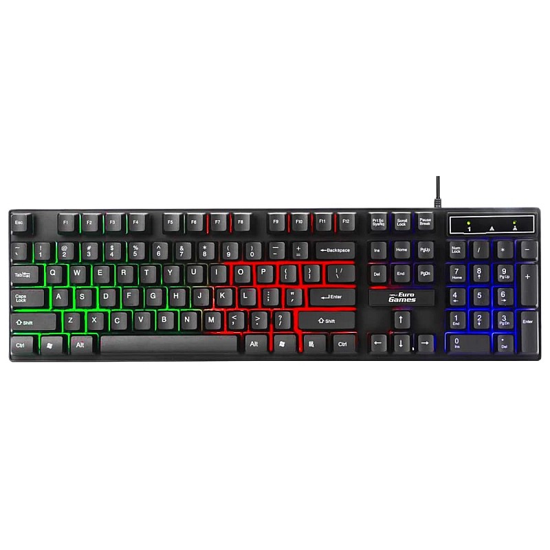 RPM Euro Games Gaming Keyboard Wired 7 Color LED Illuminated And Spill Proof Keys, Black, Medium