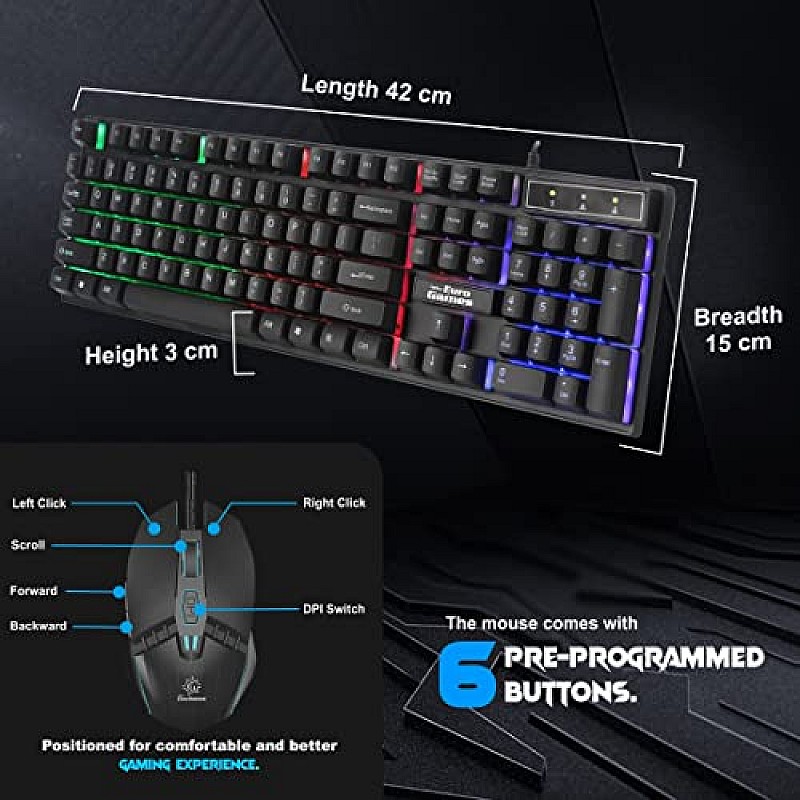 RPM Euro Games Gaming Keyboard Wired 7 Color LED Illuminated And Spill Proof Keys, Black, Medium