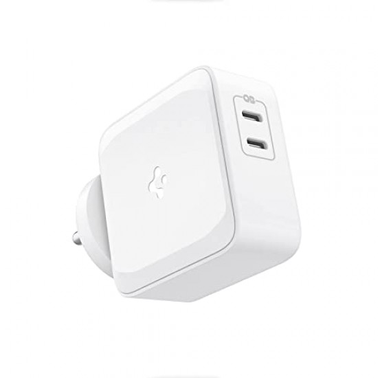 Spigen PE2007 70W GaN Dual Port Fast iPhone Wall Charger Compatible with All C Type Mobile Phones and Devices - White