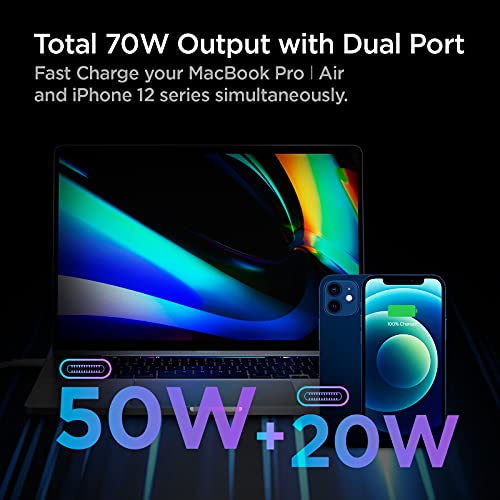 Spigen PE2007 70W GaN Dual Port Fast iPhone Wall Charger Compatible with All C Type Mobile Phones and Devices - White Spigen PE2007 70W GaN Dual Port Fast iPhone Wall Charger Compatible with All C Type Mobile Phones and Devices - White