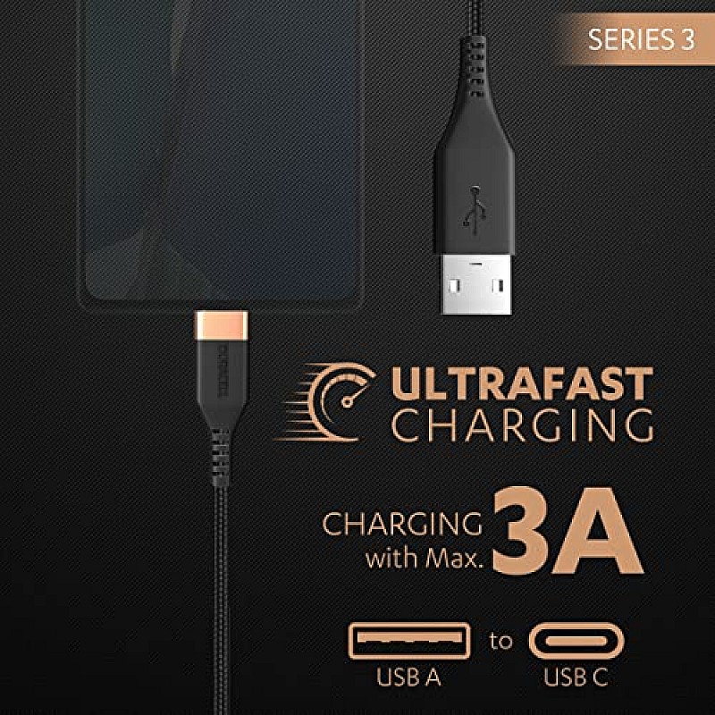 Duracell USB Type C 3A Braided Sync and Fast Charging Cable 3.9 Ft (1.2M) Series 3-Black