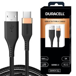 Duracell USB Type C 3A Braided Sync and Fast Charging Cable 3.9 Ft (1.2M) Series 3-Black
