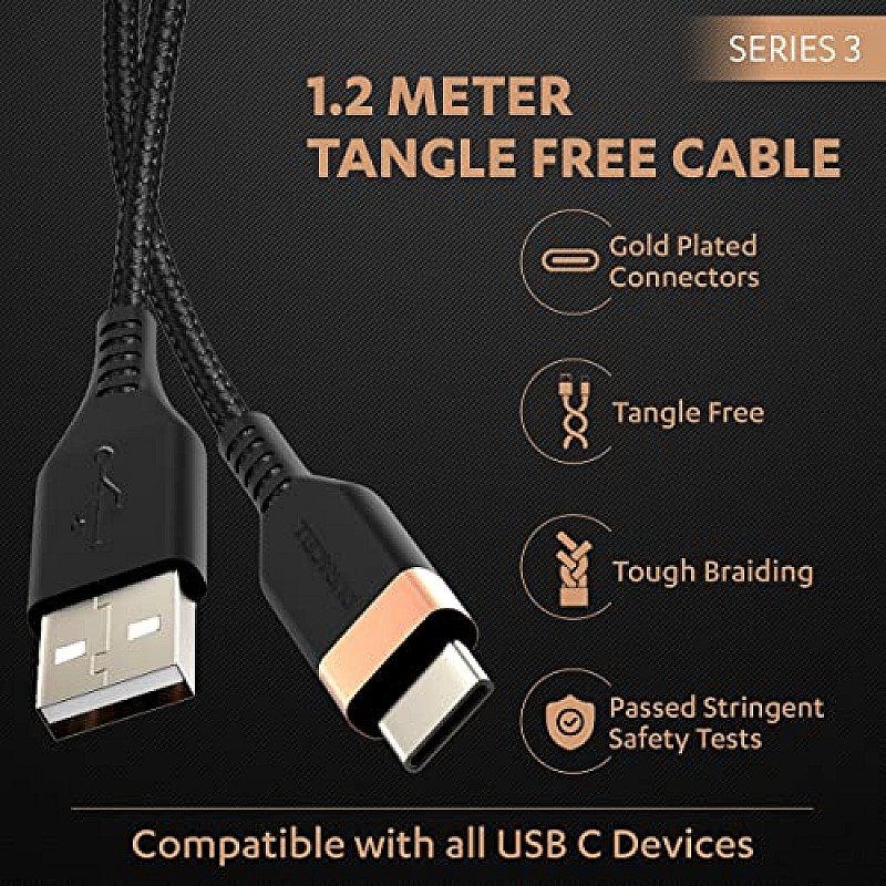 Duracell USB Type C 3A Braided Sync and Fast Charging Cable 3.9 Ft (1.2M) Series 3-Black