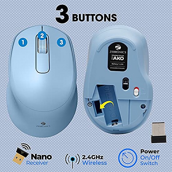 ZEBRONICS Zeb-AKO Wireless Mouse, 2.4GHz with USB Nano Receiver, High Precision Optical Tracking, 3 Buttons,  (Blue)