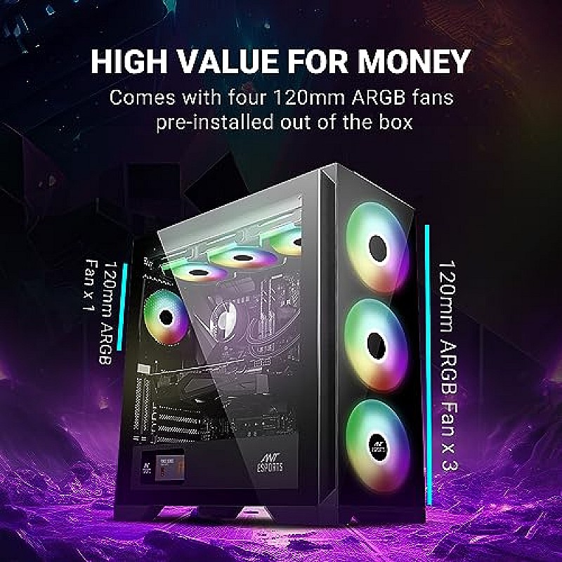 Ant Esports ICE-320TG Mid Tower Computer Case I Gaming Cabinet Supports ATX, Micro-ATX, Motherboard Black