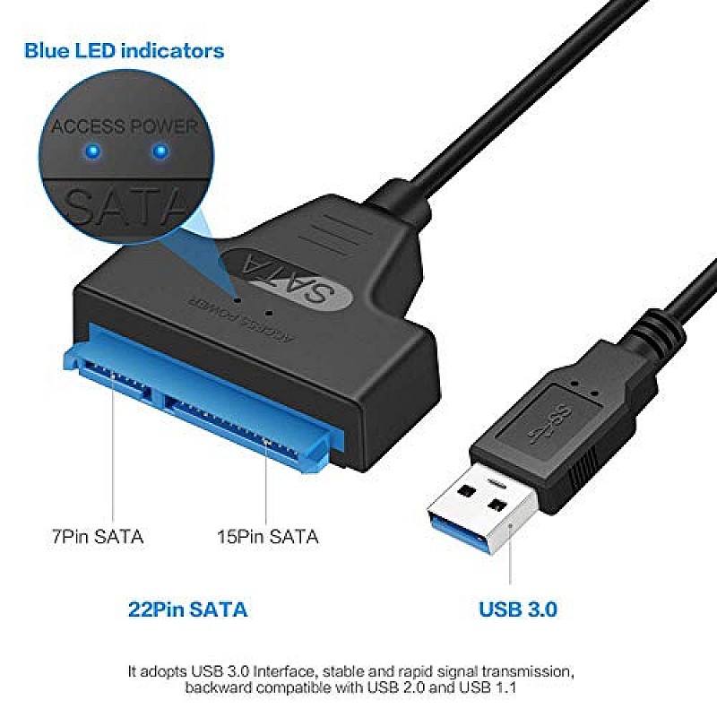 Lapster USB 3.0 sata Cable for 2.5 inch SSD and HDD, USB 3.0 to SATA III Hard Driver Adapter, sata to USB Cable-(Blue)