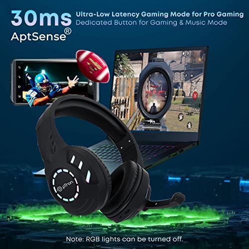 pTron Studio Pixel Over-Ear Wireless Gaming Headphones with 30ms Low Latency, 40Hrs Playtime, 40mm Drivers, (Black)