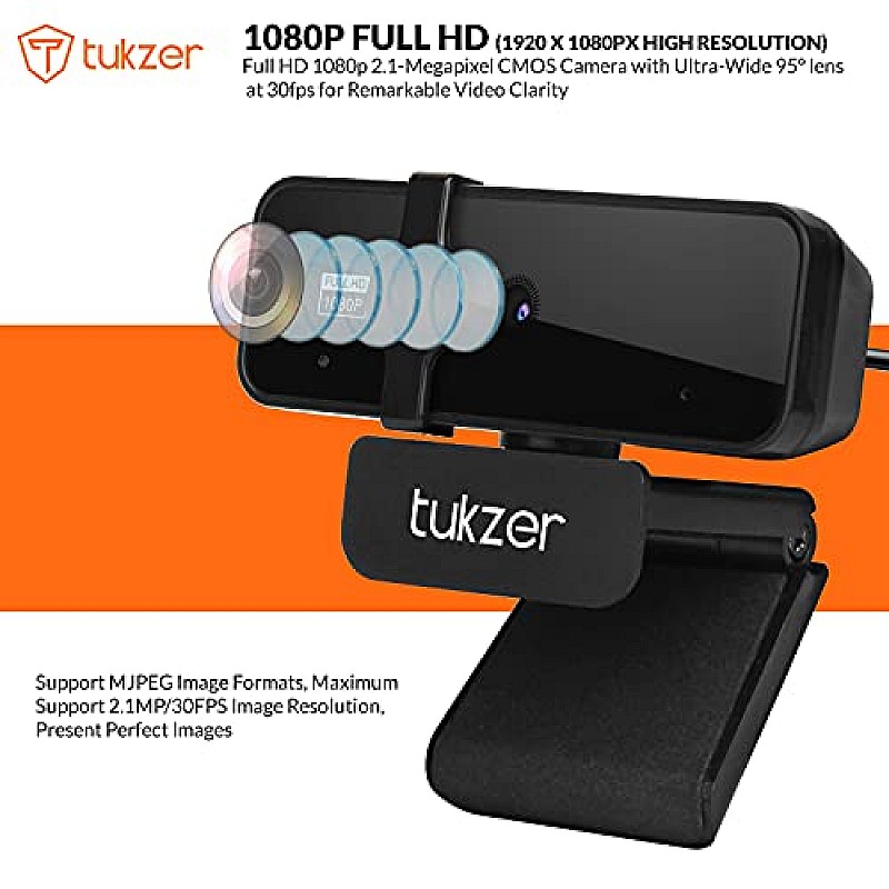 Tukzer 2.1 MP Full HD 1080P Web Camera CMOS Webcam with Microphone 360° Rotatable Tripod Ready Mount Plug-n-Play USB for Windows Mac (C01)